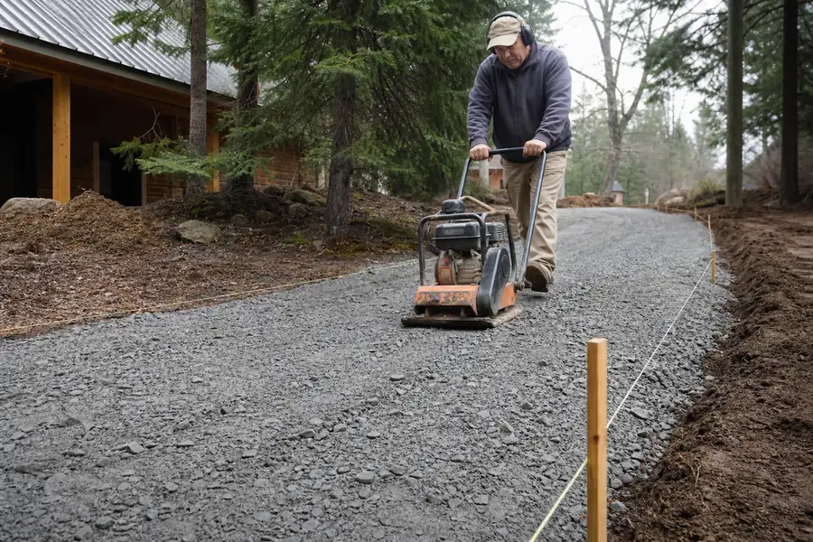 Homeowner running a plate compactor over a fresh gravel driveway base, lumber stakes and string line visible