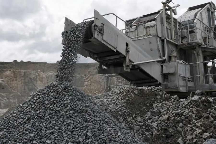 Quarry crusher producing gray crushed stone