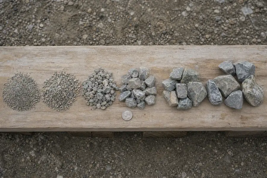 Row of labeled stone samples from screenings to #4 laid out on a plank with a coin for scale