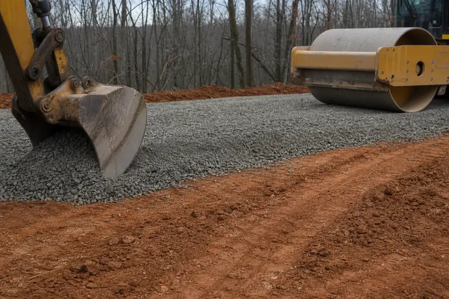 Compacted stone base layer being spread and rolled across red clay subgrade