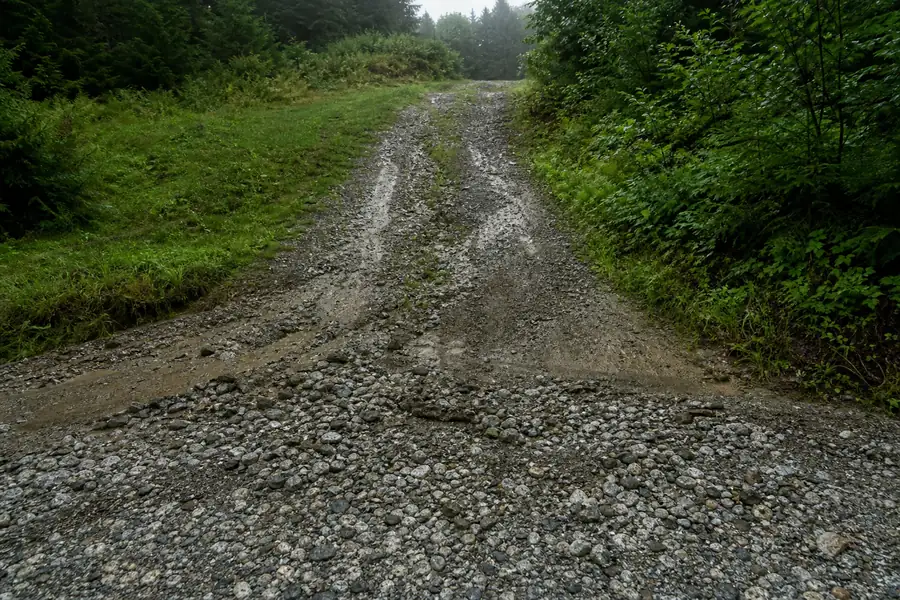 Gravel driveway with rain-cut ruts and washed stone piled at the bottom of a slope after a storm