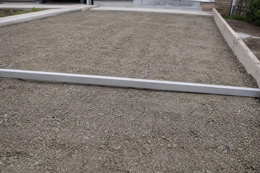 Compacted ABC driveway base with a straightedge across it